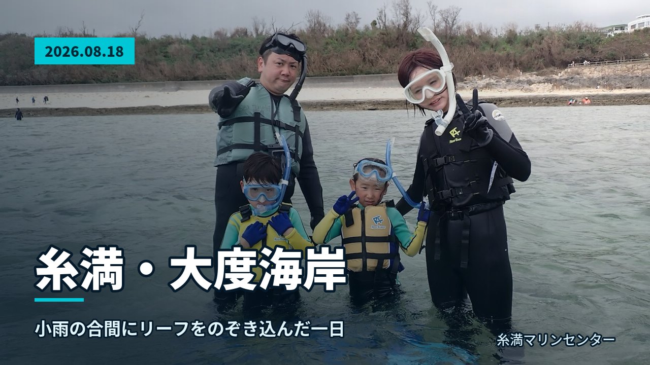 あふれるビーチで、ライフジャケットとシュノーケル器材を装着した参加者の集合写真