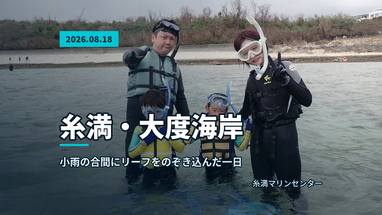 あふれるビーチで、ライフジャケットとシュノーケル器材を装着した参加者の集合写真