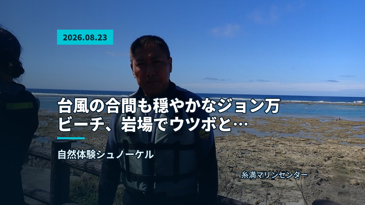 ライフジャケットを着けたガイドがビーチで準備を整える様子、まるであふれる海を背にしている